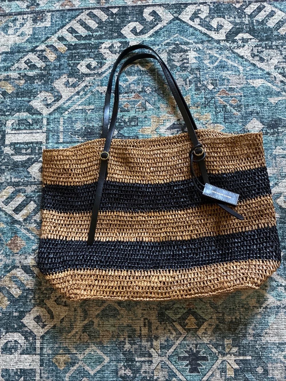 Polo Ralph Lauren striped raffia large tote bag tan/black w/ blk leather straps